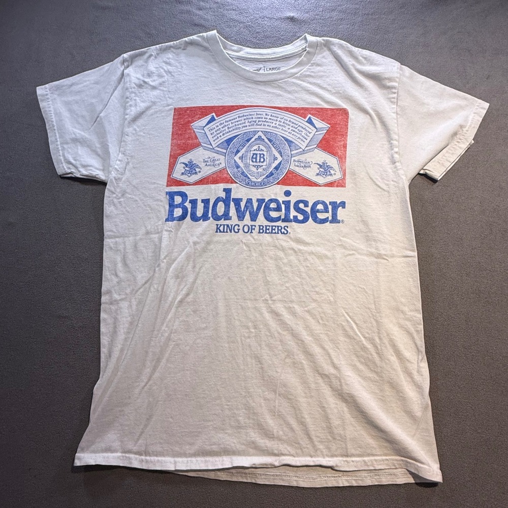 Brew City Budweiser King of Beers Graphic T-Shirt Mens Large White Cotton Tee